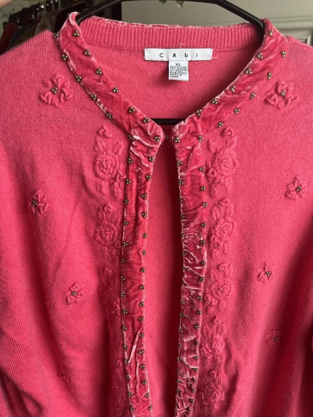 CAbi Y2K Pink Angora Wool Embroidered Velvet Cardigan XL 🩷🩷🩷🩷🩷🩷
